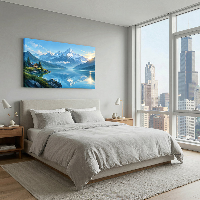 Toile enneigée, montagnes et cabane reflétée dans un lac bleu, art mural, 40"W x 20"H