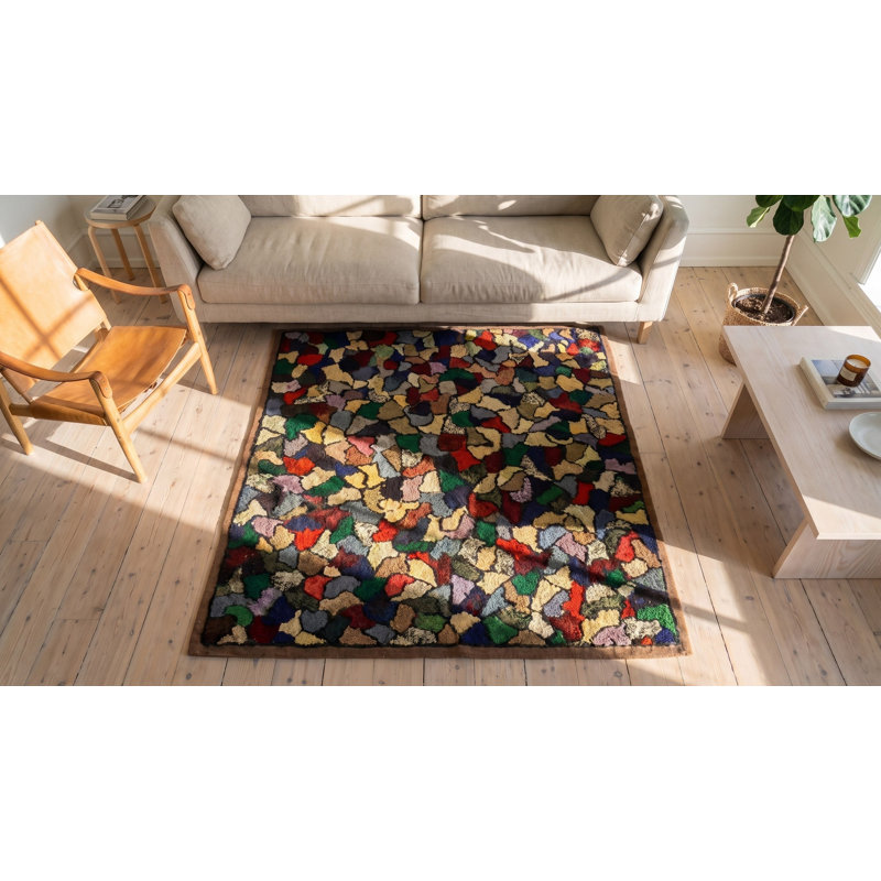 Colorful Antique Square American Folk Art Crazy Quilt Pattern Hooked Rug