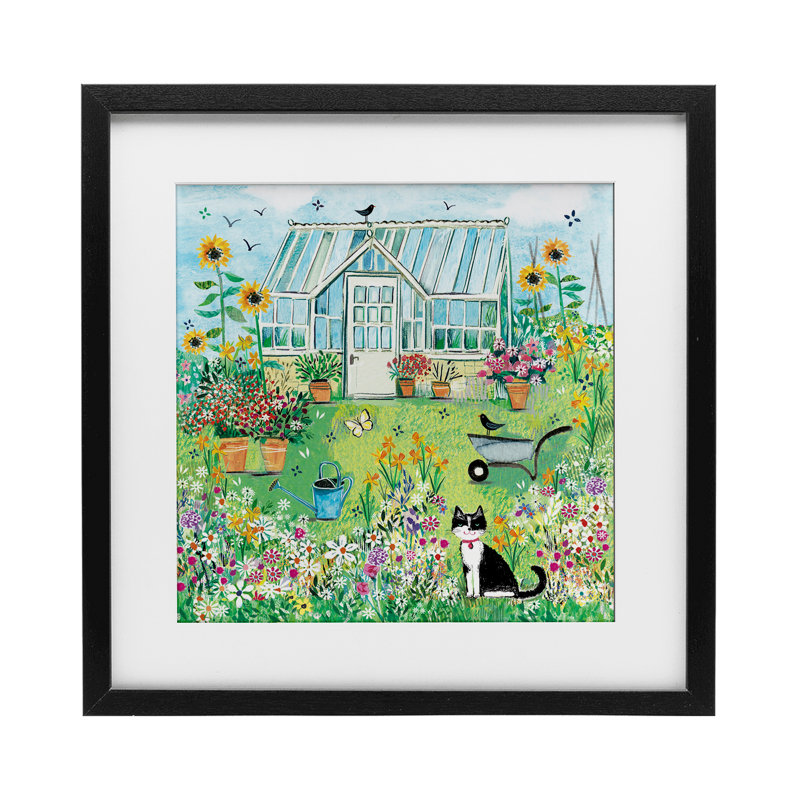 «Garden Greenhouse & Cat», reproduction encadrée sous verre, conception de Clare Tupper, H 13 po x l 13 po, Cadre noir minuit
