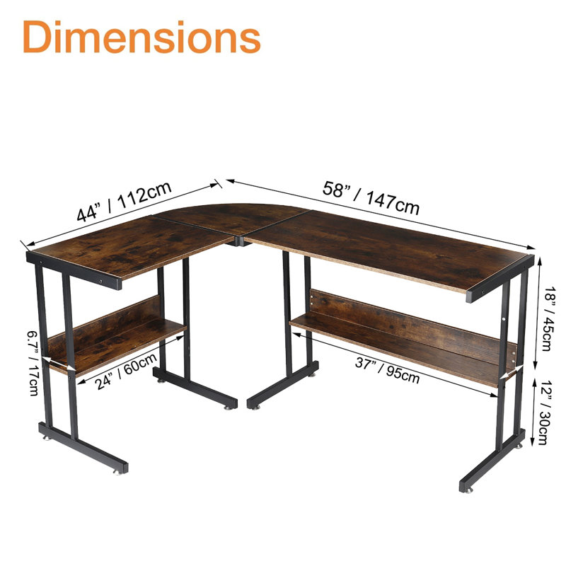 L-Shaped Metal Base Executive Desk, Brown/Black
