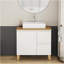 Ensemble de meuble-lavabo moderne de 31,5 po avec lavabo combiné, 1 porte et 2 grands tiroirs, système de fermeture en douceur, conception sans poignée, comptoir et pieds en bois massif naturel, lavabo carré en céramique sur le comptoir, blanc brillant-576009158