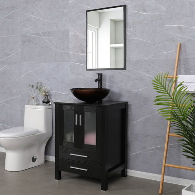  Ensemble de meuble-lavabo simple 24 po avec plateau en bois manufacturé, lavabo vasque, robinet et drain
