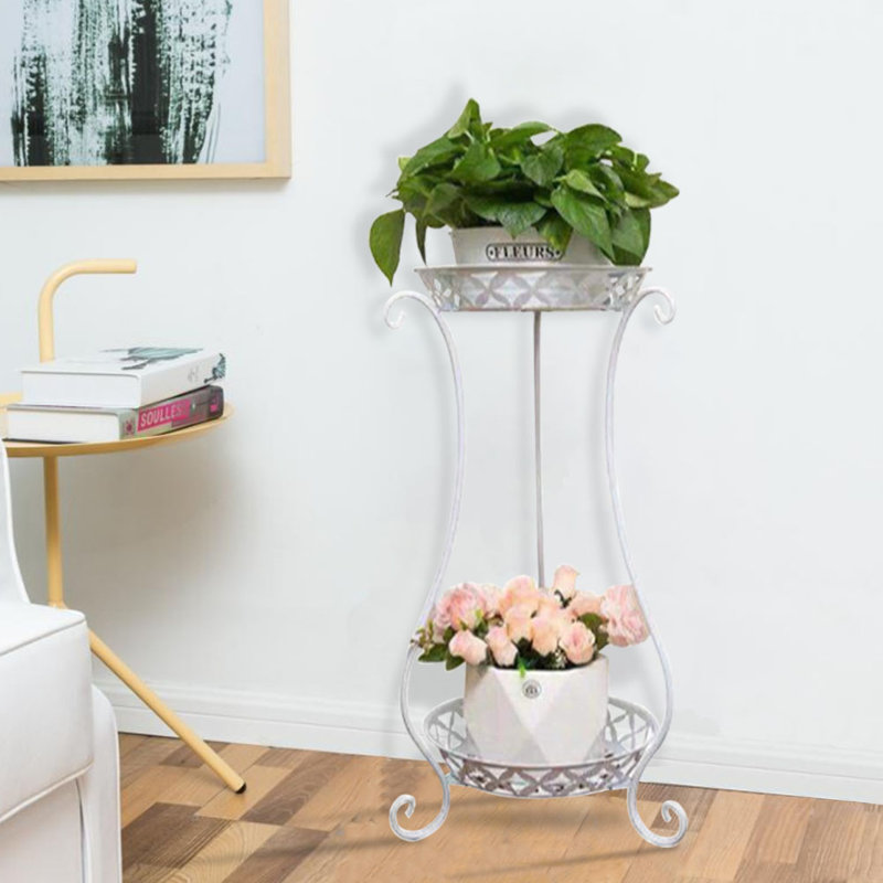 Berwick 2 Tier Round Tall Vintage Metal Plant Stand, White