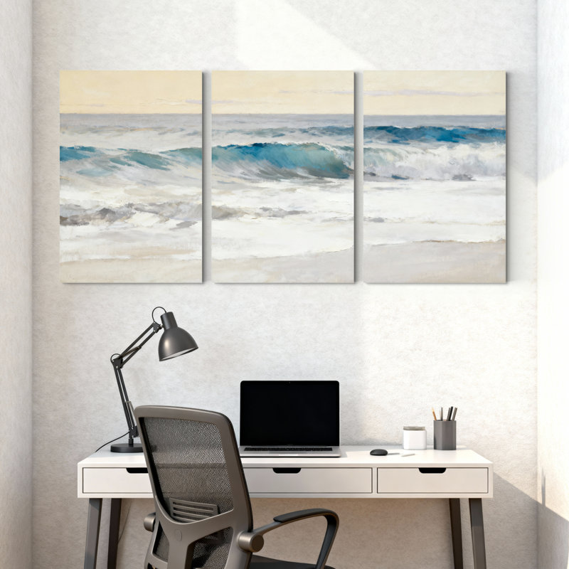 Ensemble de 3 tableaux muraux sur toile représentant un paysage marin et des vagues de l'océan, H 36 po x l 72 po