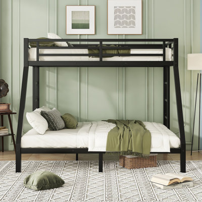 Black Twin XL Over Queen Metal Bunk Bed Frame with Guardrails, Heavy Duty Steel, Space Saving Design