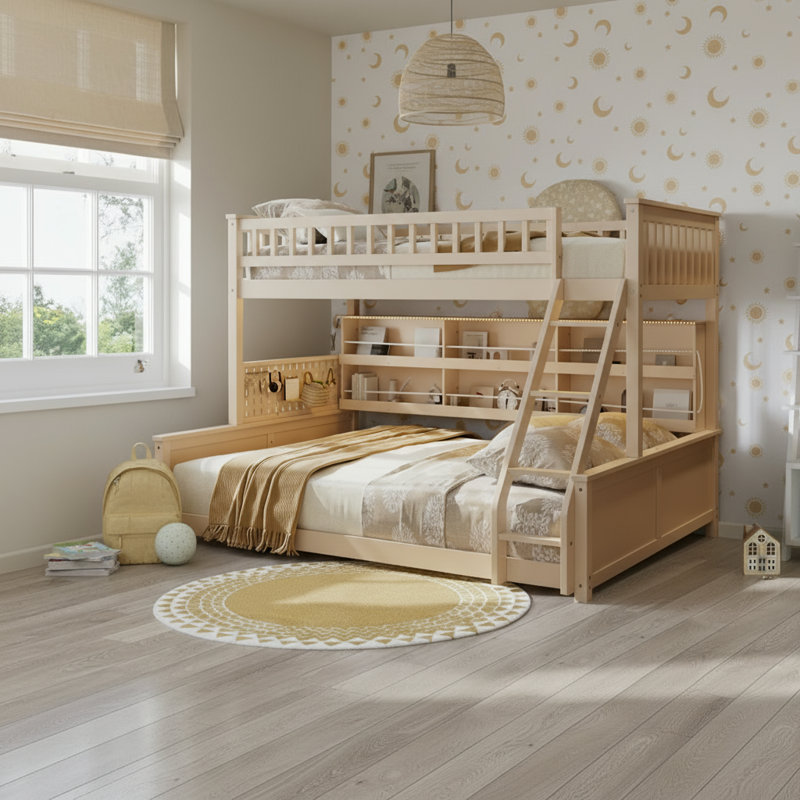 Twin Xl Over Queen Bunk Bed With Led Lights & Shelving Storage, Beige, Twin XL over Queen