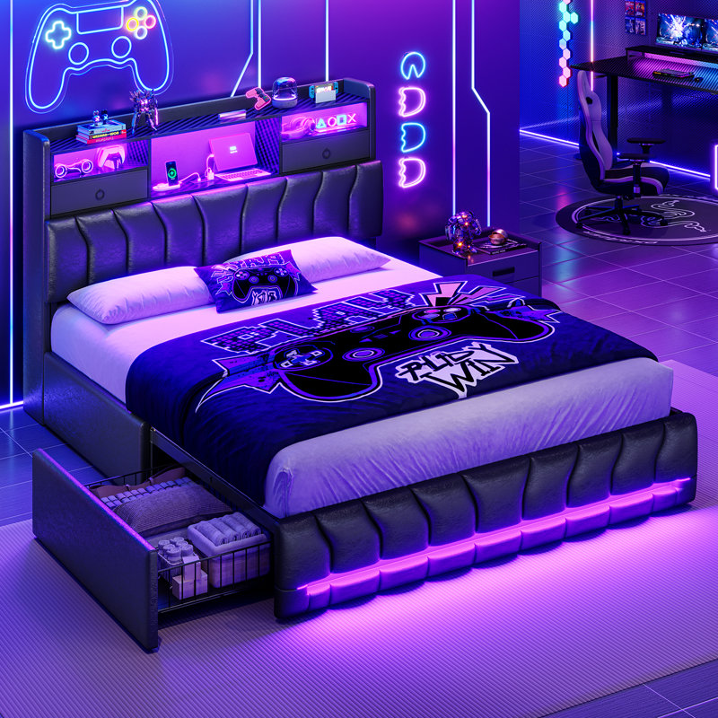 Full Bed Frames With Storage Headboard And 2 Large Drawers, Gaming Bed With Rgb Lights And Charging Station, Leather Upholstered Platform Bed, Esports-Style Bed, No Box Spring Needed, Black