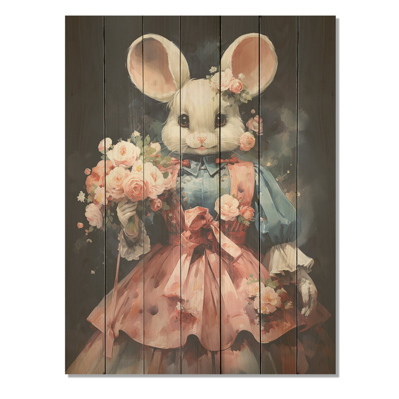 Souris élégante rococo dans une robe rose I - rongeur sur bois, H 20 po x l 10 po