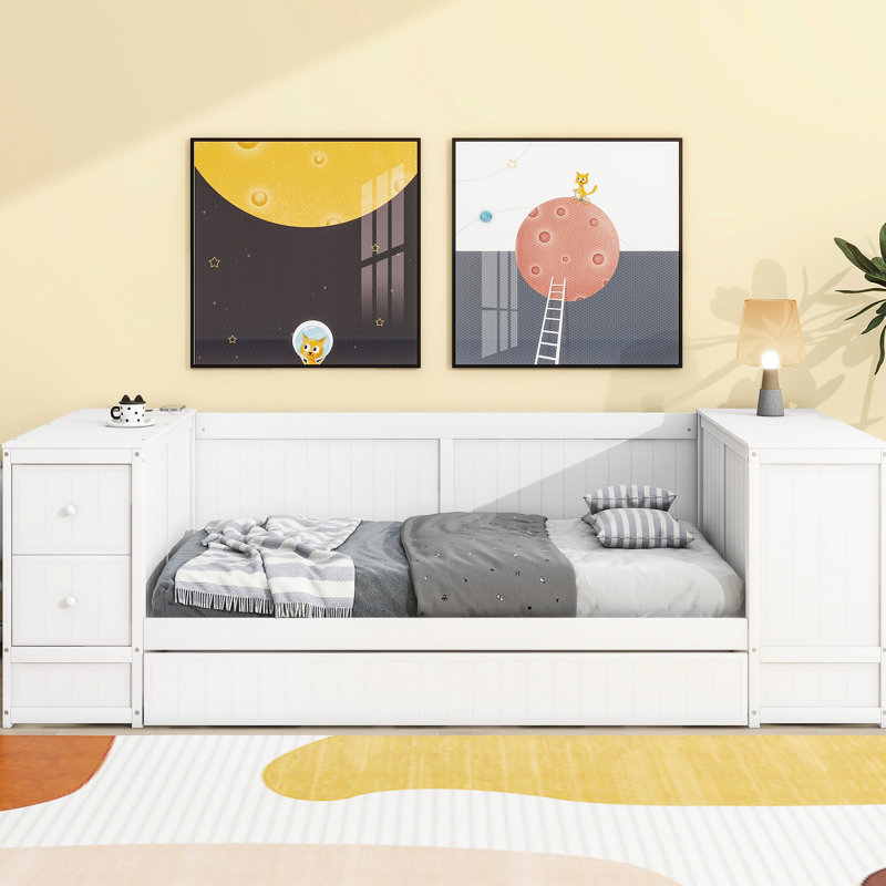Twin Size Daybed With Armrest Storage, Trundle & Charging - White Wooden In Storage Space, Ports Solid Wood Frame, White