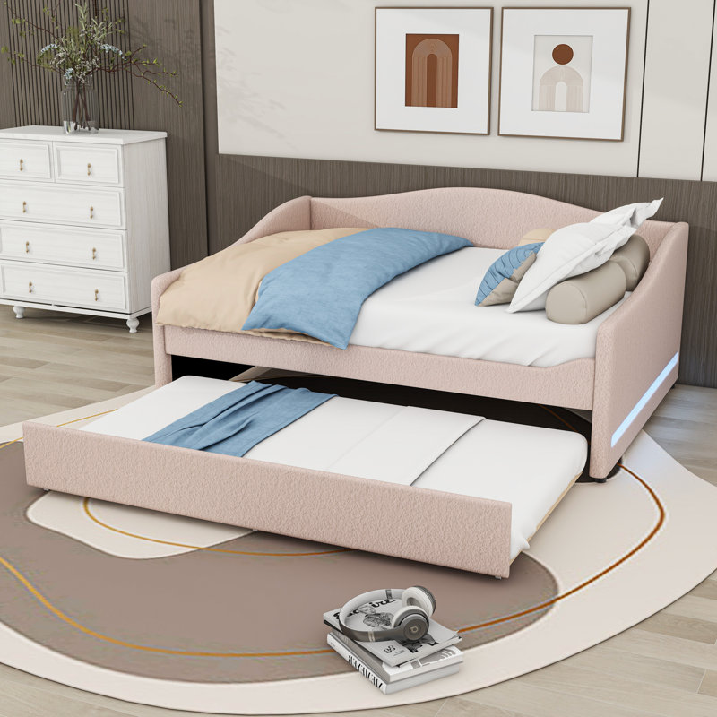 Upholstered Daybed with Twin Trundle and Light, Beige, Full/Double