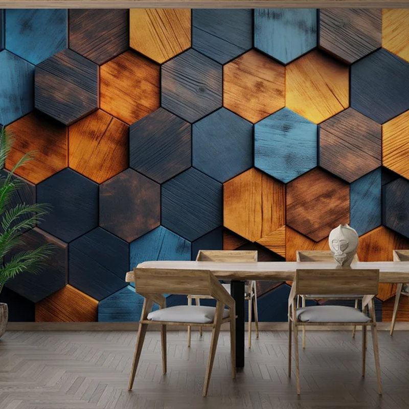 Panneau mural moderne moderne en bois hexagonal bleu-brun, L 138 po x l 105,96 po