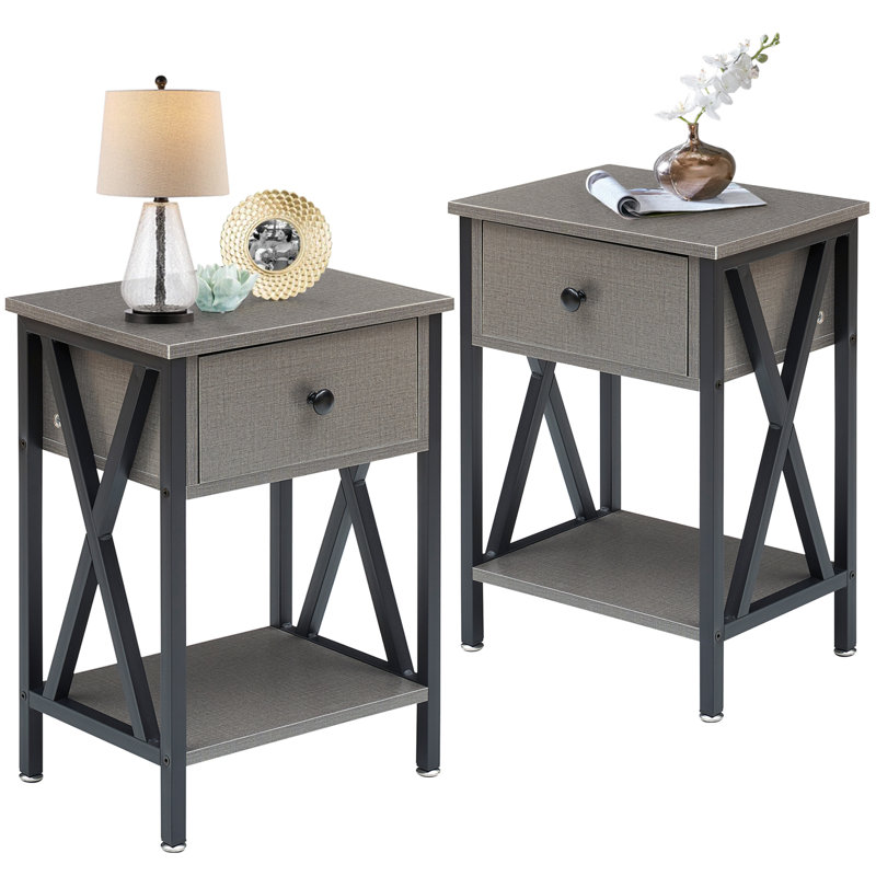 Alameen 22" Tall Nightstand, End Side Tables with Storage Drawer and Open Wood Shelf for Bedroom, Hemp Grey