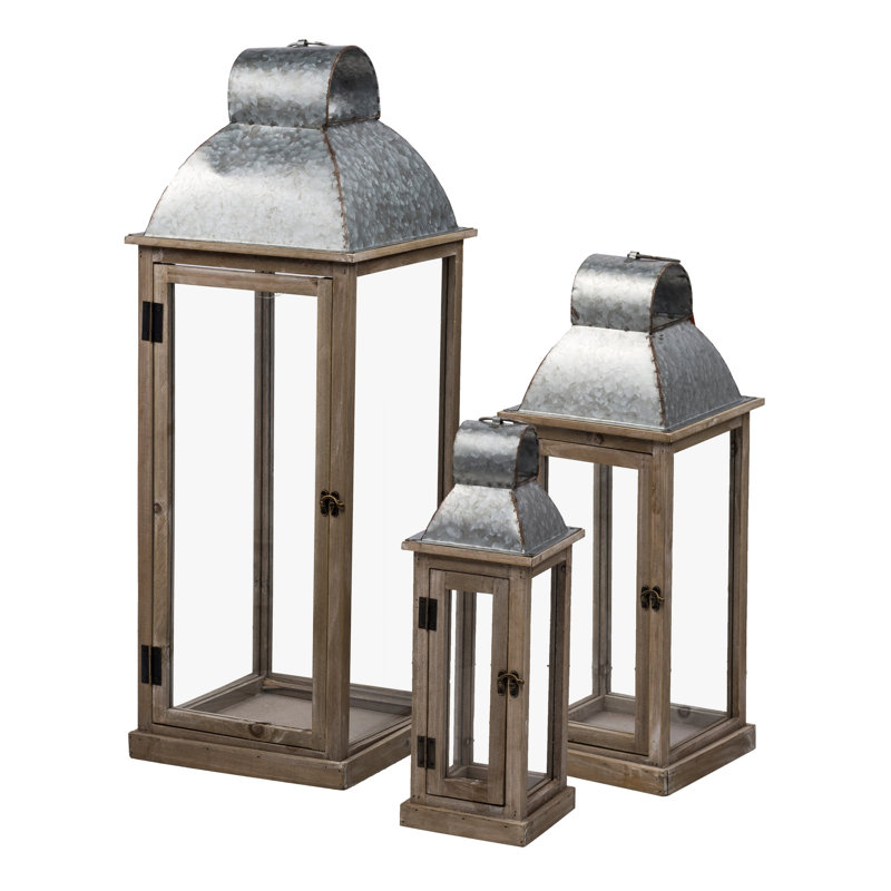 Set Of 3, Silver And Natural Wood Lanterns, L:11X11x32"   M:8.5X8.5X23"  S:6X6x17"