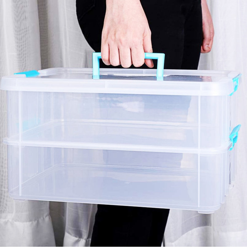 Clear Blue 2-Tier Stackable Storage Box with Handle