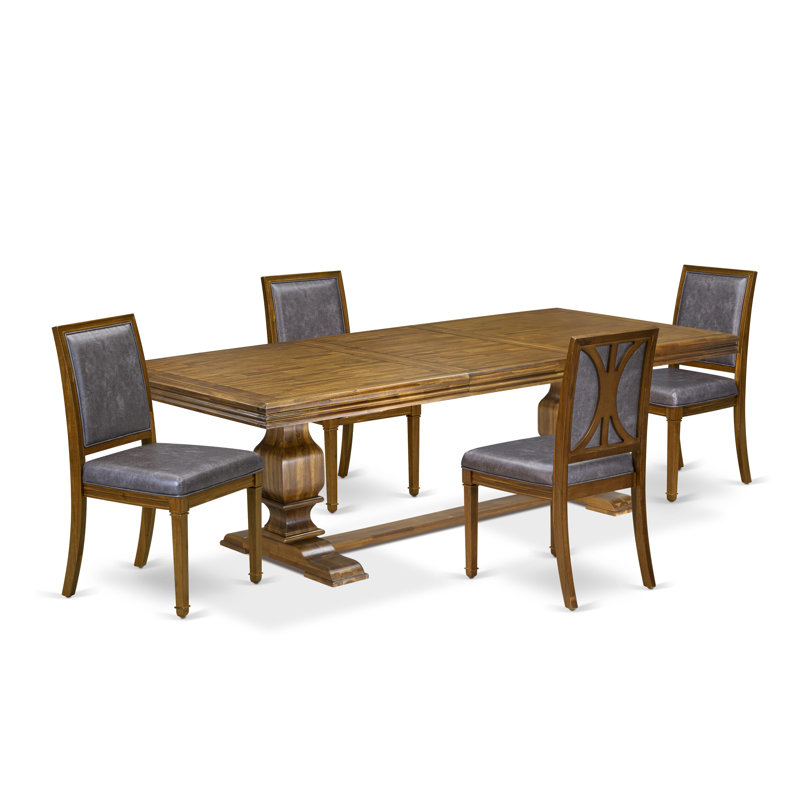 L'ensemble de table de salle à manger 5 pièces comprend une table de salle à manger moderne et 4 chaises de cuisine en similicuir gris foncé à haut dossier - finition noyer antique