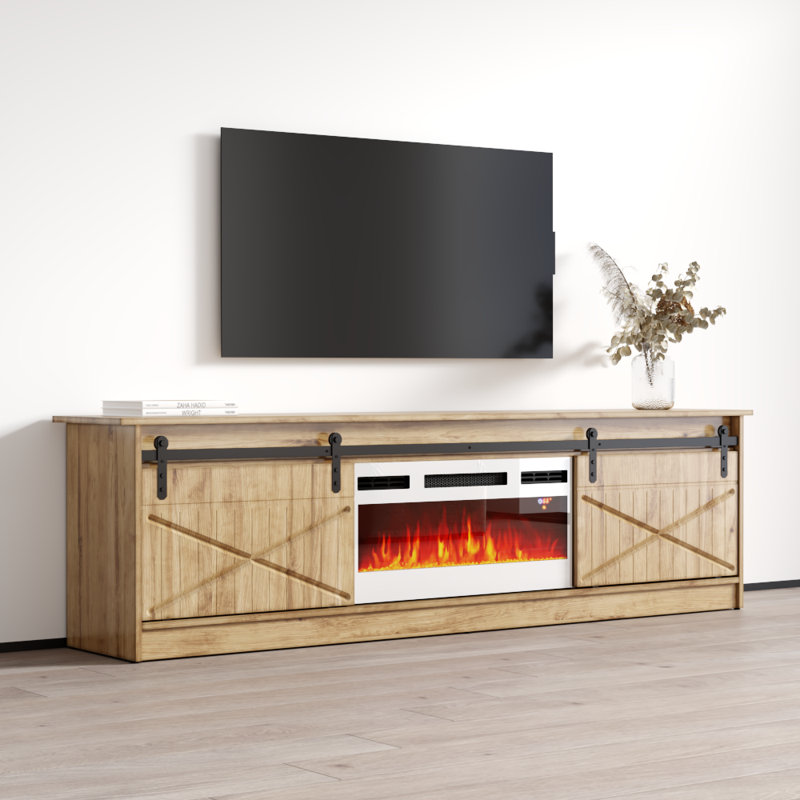 Archie 78.7" Modern TV Stand with Electric Fireplace, High Gloss Finish, Media Storage, White/Oak