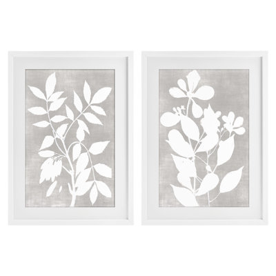 Grey Foliage Impression 2pc Framed Print Under Glass Set, design by Stellar Design Studio