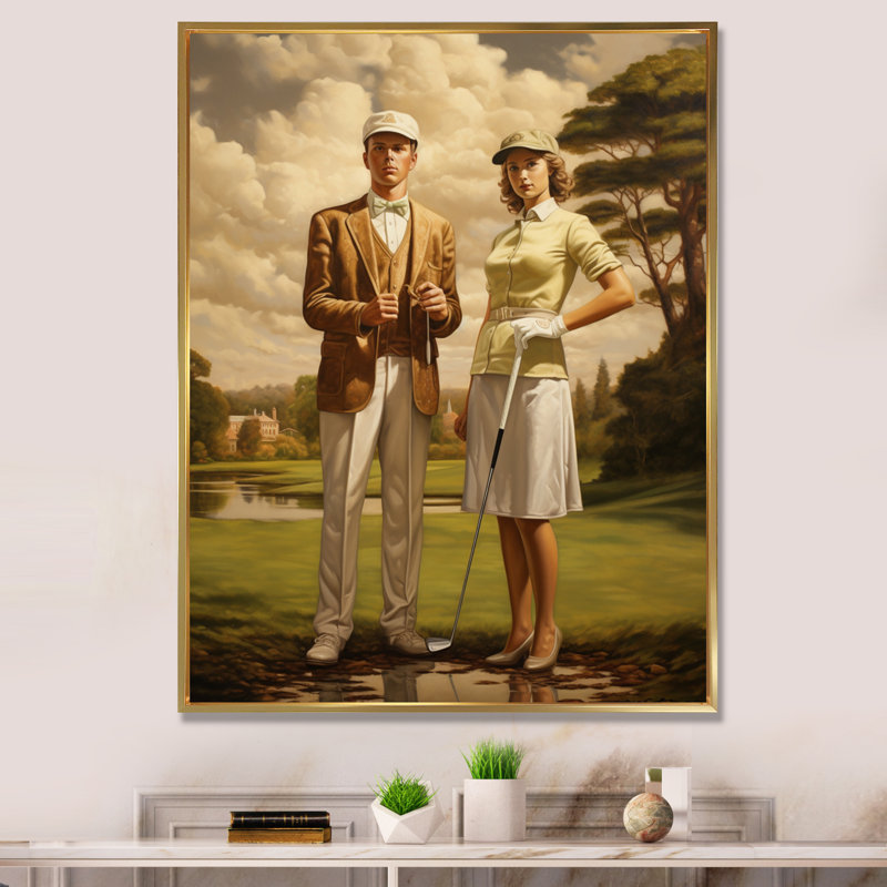 Ombra rétro, golf intemporel - art sur toile de golf, Cadre flottant doré, H 40 po x l 30 po x P 1,5 po
