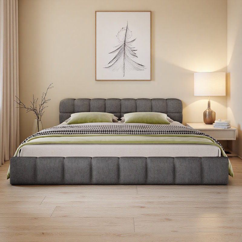 Très grand lit tapissier - cadre de lit plateforme en tissu de chenille moelleux, tête et pied de lit modernes (aucun sommier requis)