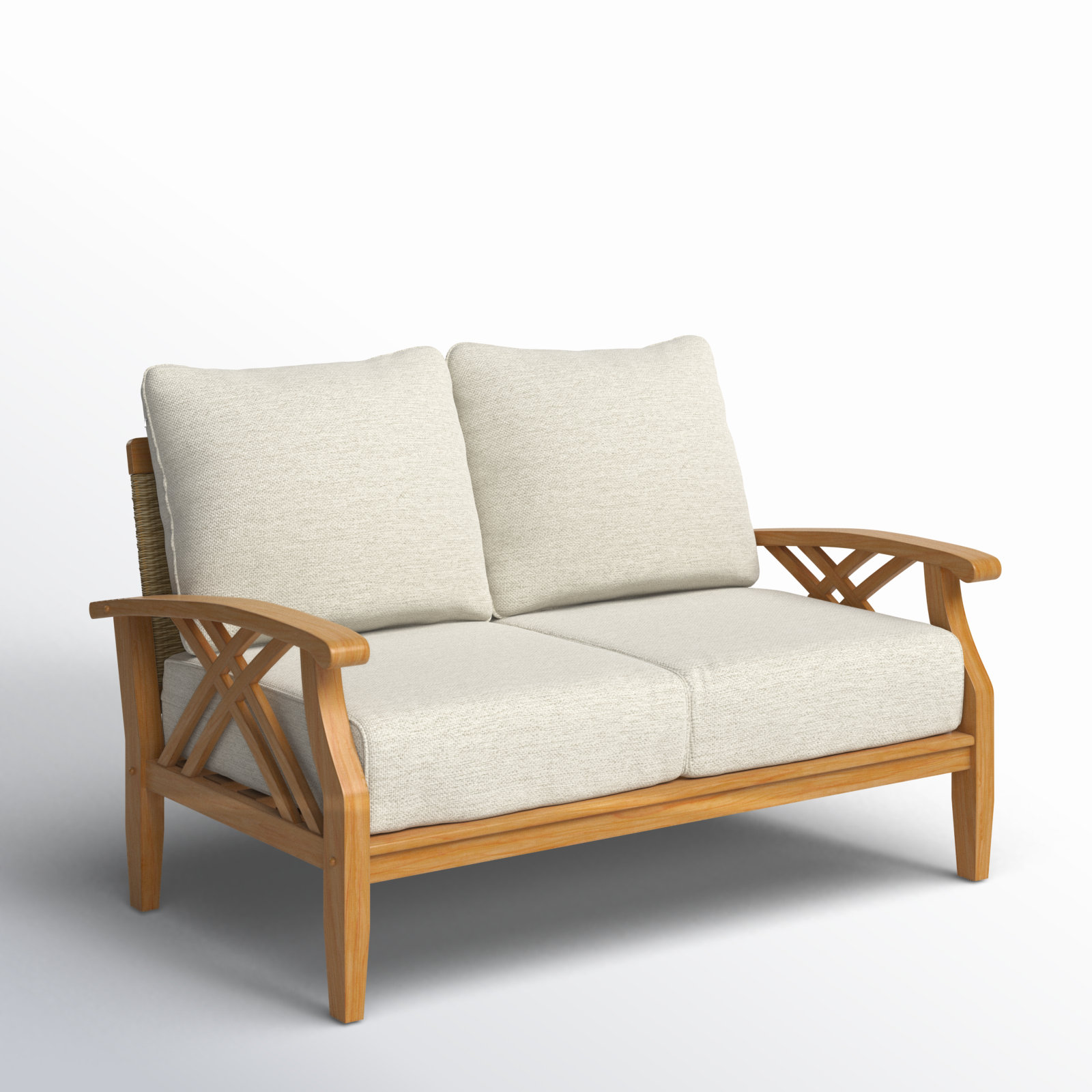 Cotesfield 54.25'' Wide Teak Loveseat with Cushions, Tan Performance Basketweave