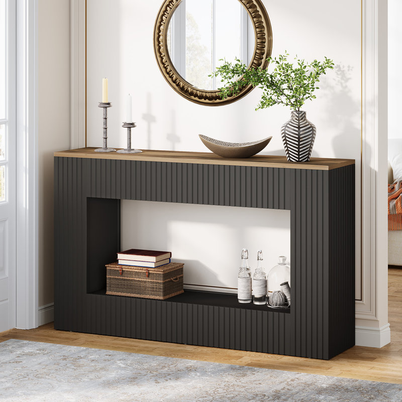 Modern Console Table, 55 Inch Wood Entryway Table With Storage, Rustic Light Brown, Black