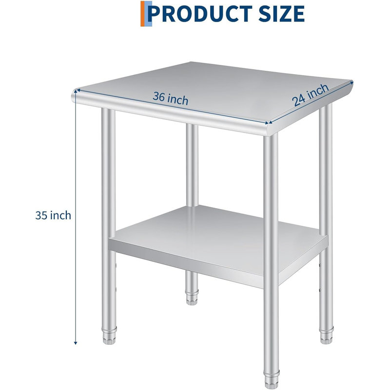 Table de préparation en acier inoxydable 24 po x 36 po avec coins arrondis, 0,8 mm d'épaisseur de qualité commerciale, tablette réglable, charge de comptoir robuste de 660 lb, pour usage commercial et extérieur