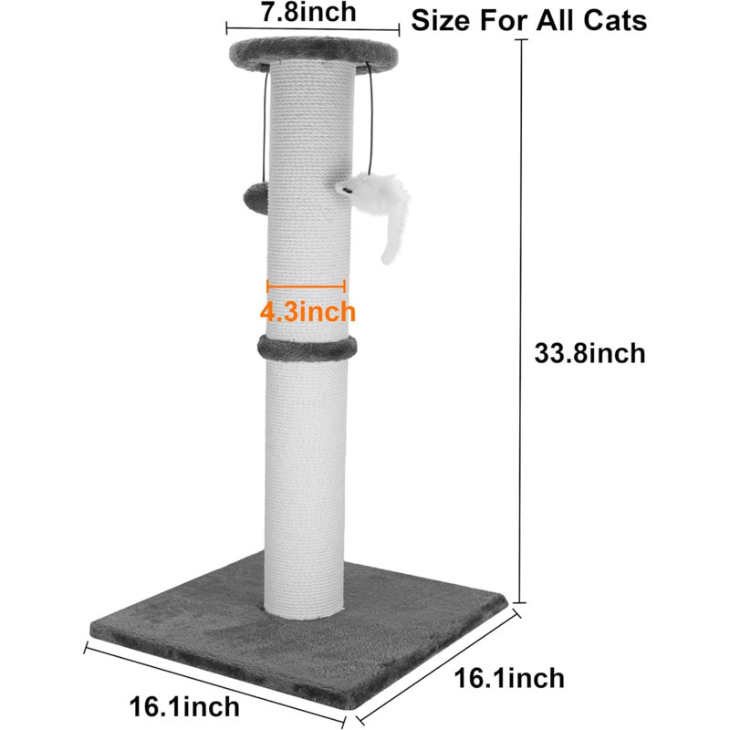 34" Tall Cat Scratching Post Heavy Duty And Thicker Cat Scratching Post Sisal Rope With Hanging Ball And Mice Vertical Scratcher For Indoor Cats And Adult(Grey)