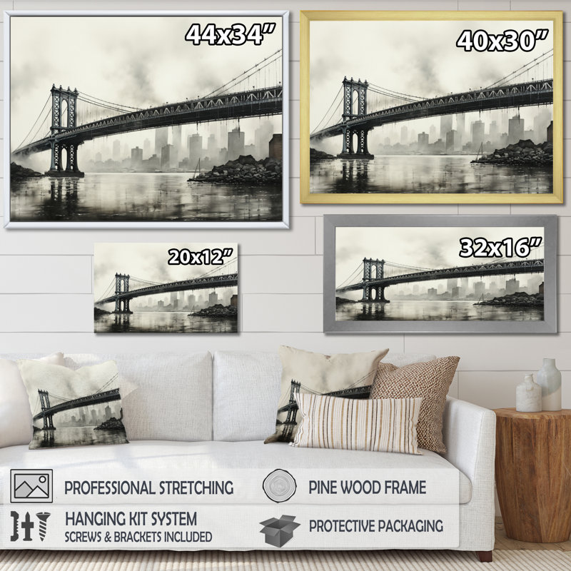 Gris pont suspendu à câble gris anthracite - Art mural sur toile, Cadre flottant noir, H 30 po x l 40 po x P 1,5 po