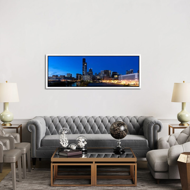 Buildings in a city lit up at dusk, Chicago, Illinois, USA 1 Piece Panoramic Wall Art on Canvas, 152.4 cm H x 50.8 cm W
