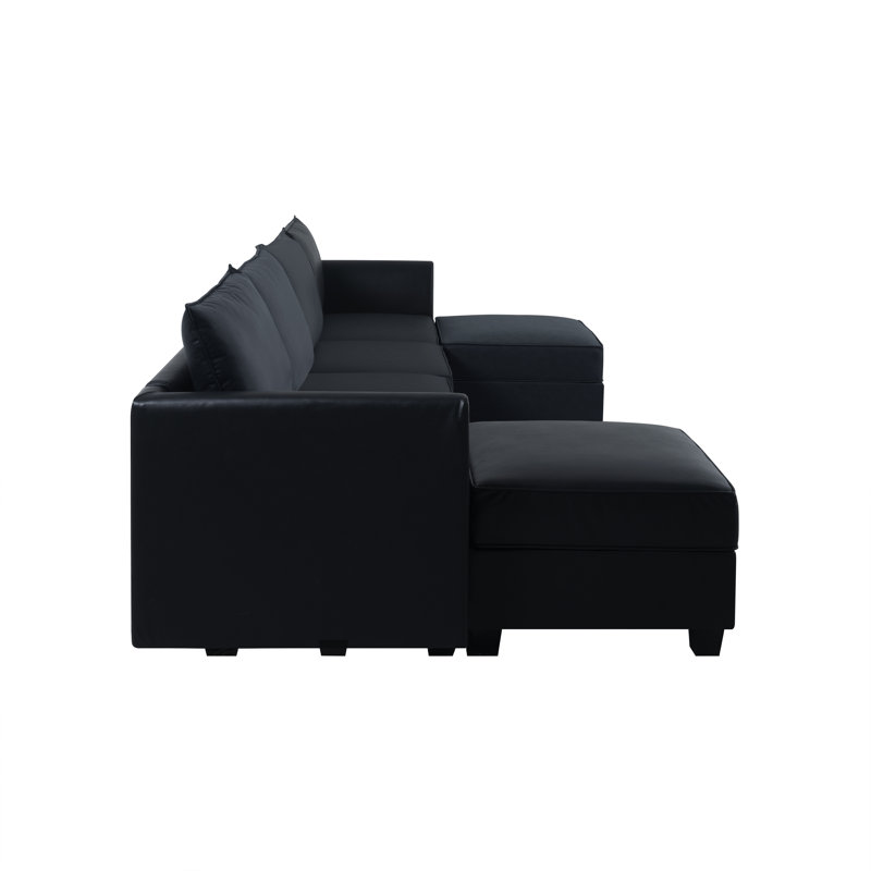 Canapé modulaire convertible en U avec 2 repose-pieds Rudys, Similicuir noir
