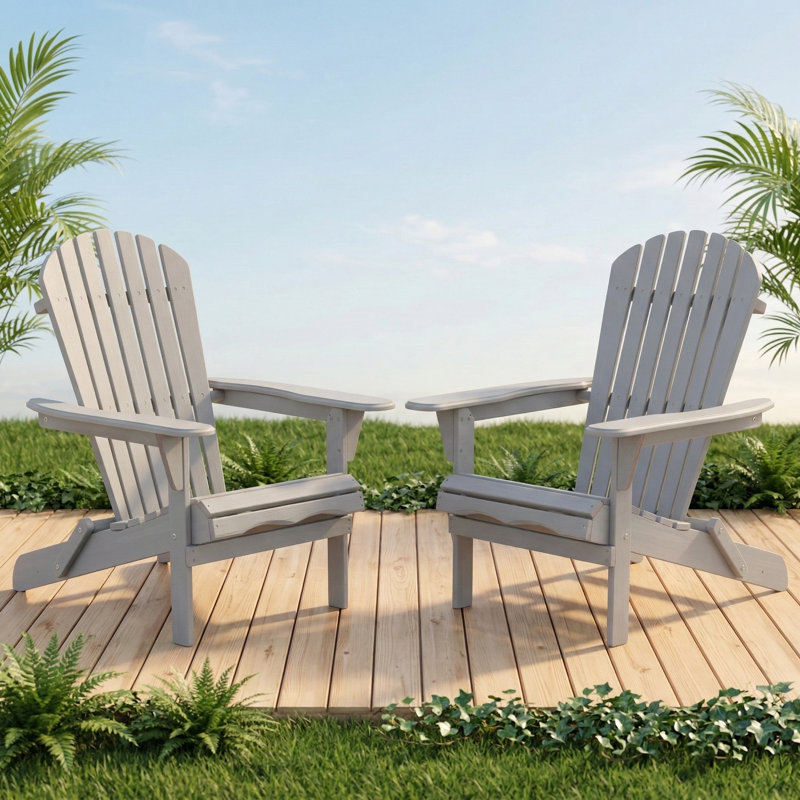 Two-Piece Set of Solid Wood Folding Adirondack Loungers for Outdoor Use in Gardens, Lawns, and Backyards, Gray