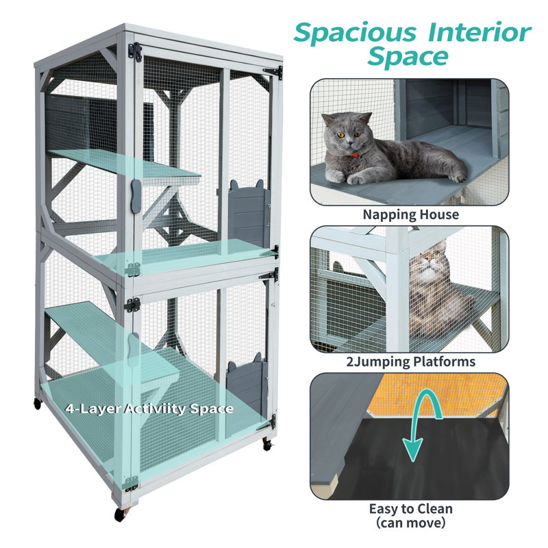 Grande maison pour chat en bois massif 30,7 "avec toit et roues