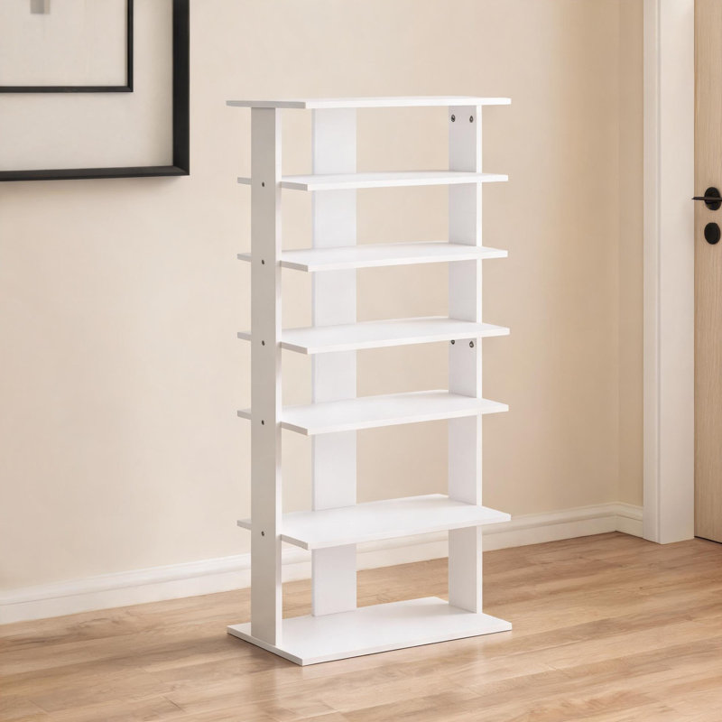 Organisateur de chaussures à 7 niveaux pour rangement vertical, panneau de particules compact et blanc compact pour le vestibule, le couloir et le placard