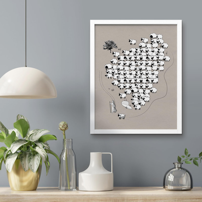 «Mouton noir et blanc fantaisiste» sur papier, Blanc, H 10 po x l 8 po