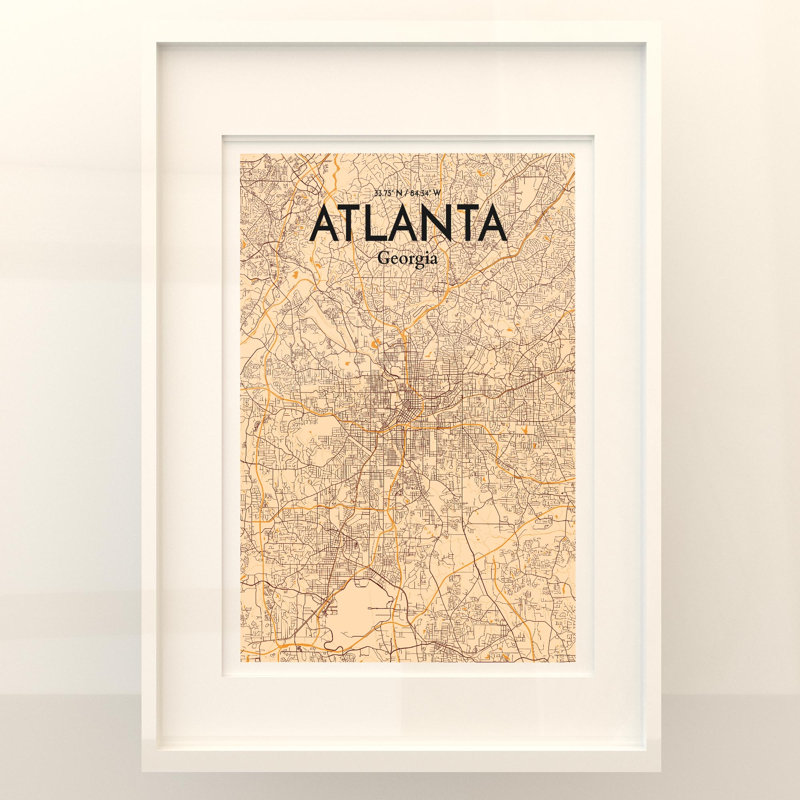 Carte de la ville d'Atlanta, impression rétro, Orange / or pâle, H 27,60 po x l 19,70 po