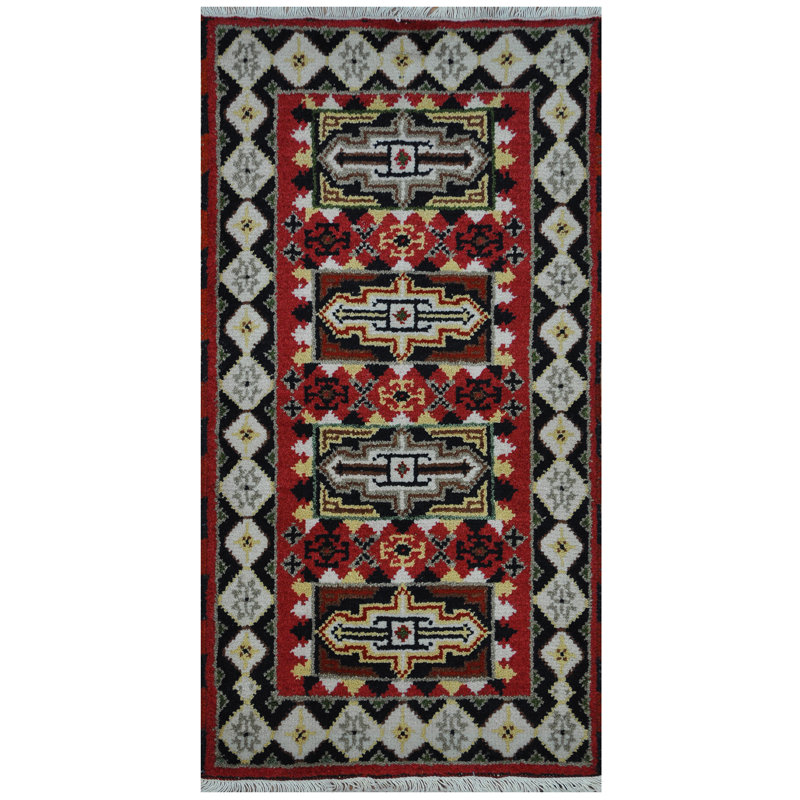 Tapis unique en laine noué à la main rouge / noir / gris 2 pi x 4 pi Kazak