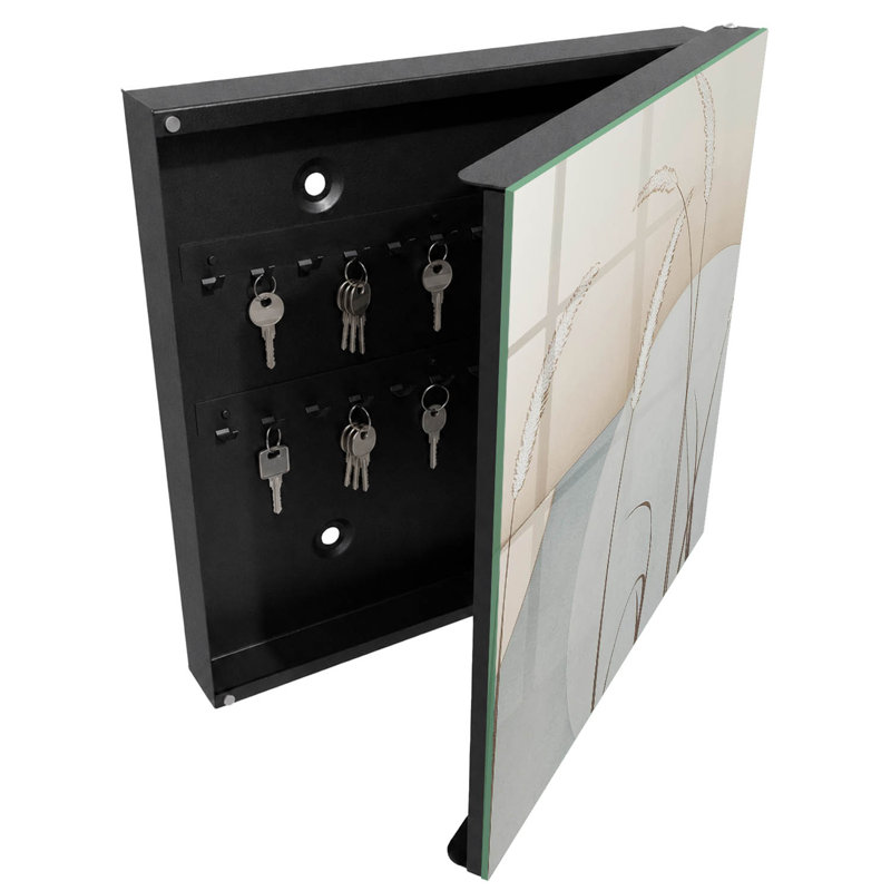 Key storage box, Opens to the left, 30x30x5, Black, Delicate grasses beige circles harmony and peace, 