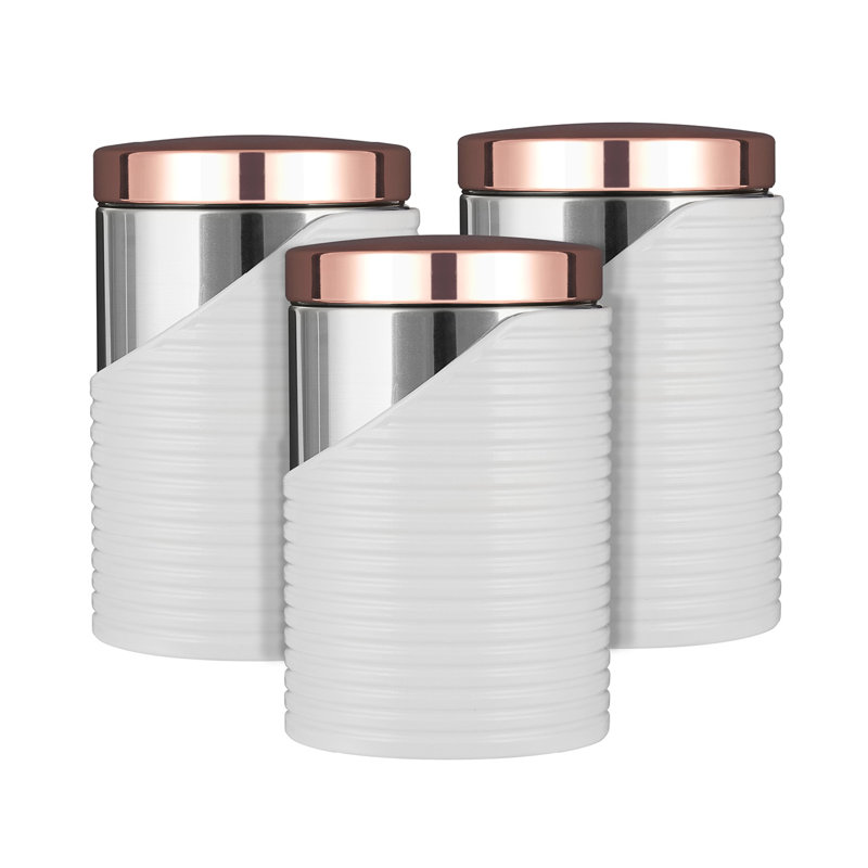 Tower 3 Piece Stainless Steel Black Storage Canisters | T826001RB | 11.6 x 11.6 x 17 cm, White/Rose Gold
