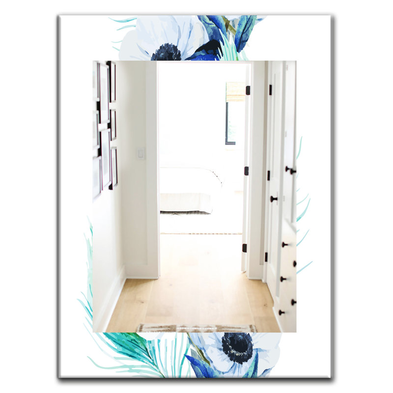 Miroir mural traditionnel anemones et peacock handpainted, H 39,4 po x l 29,5 po