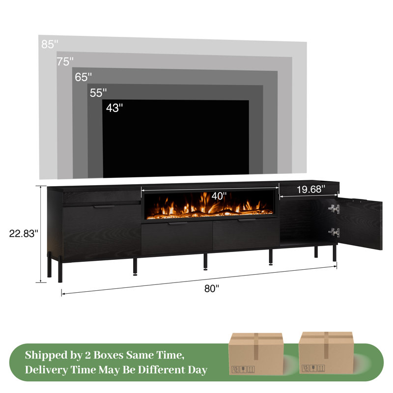 85" Fireplace Tv Stand With 40" Fireplace, Entertainment Center With Storage, Black