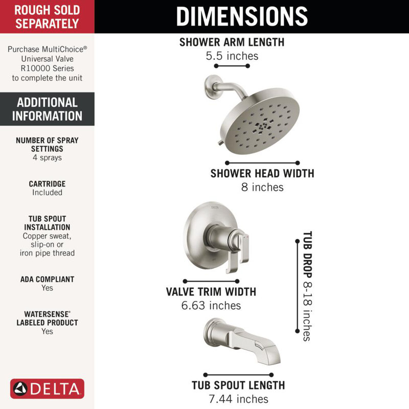 Tetra 17T Series Dual-Function Bathtub Faucet Set, H2Okinetic Shower Head Trim Kit, Bathtub Trim, Chrome