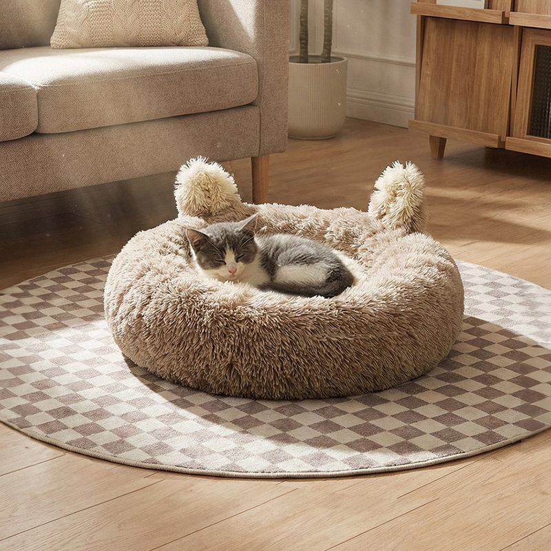 Willingham Doughnut Shaped Plush Cat Bed Dog Nest, 60cm W x 60cm D, Beige Brown