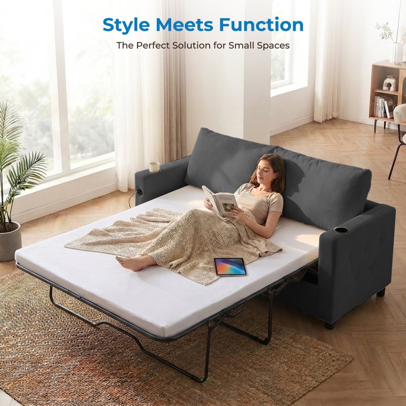 Grand canapé-lit escamotable - Matelas en mousse à mémoire de forme, USB et porte-gobelets, Velours gris foncé