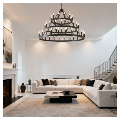 Lustre à 3 niveaux avec roulettes de style industriel en métal noir de style campagnard à 54 lumières avec hauteur réglable pour le vestibule de la salle à manger