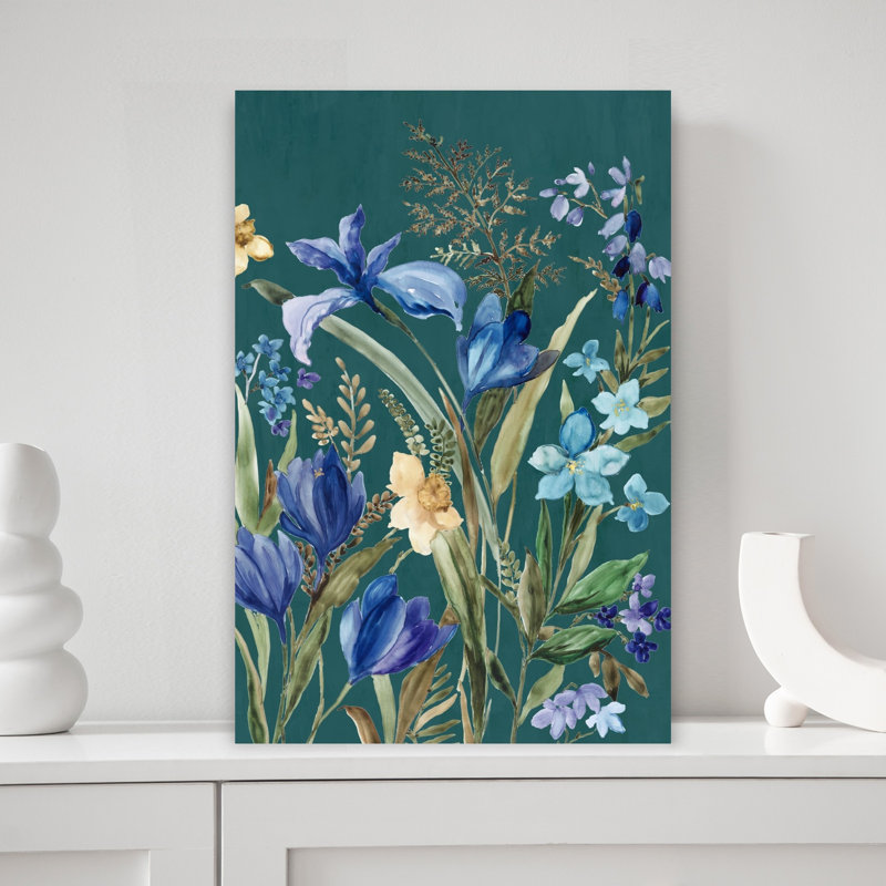 «Blossoms Against Teal Sky I», art mural contemporain abstrait, H 18 po x l 12 po