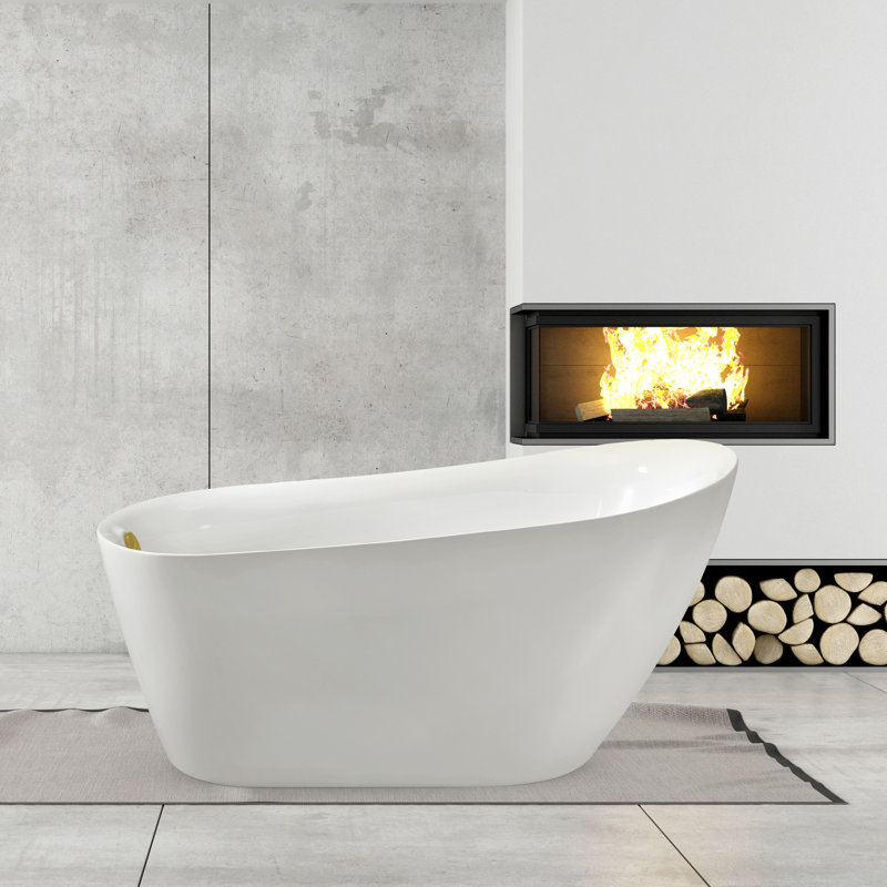 67" Streamline Freestanding Soaking Acrylic Bathtub With Drain and Bamboo Tray, Brushed Gold