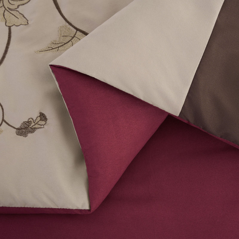 Vienna 7-Piece Floral Embroidered Comforter Set , California King Comforter + 2 King Shams, Burgundy/Taupe/Brown