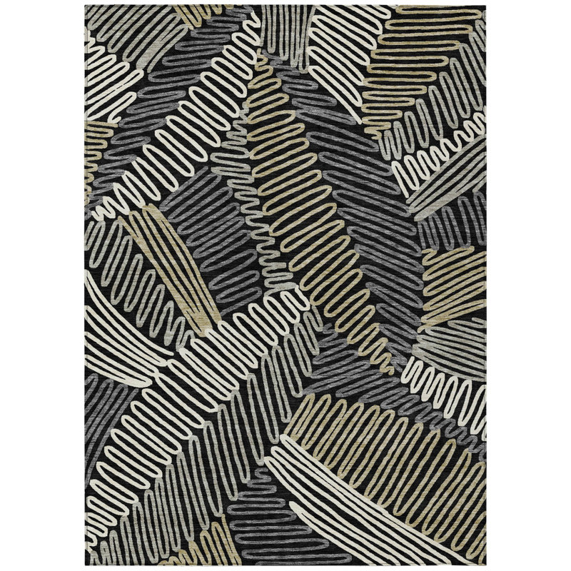 3' X 5' Black Gray And Ivory Floral Washable Indoor Outdoor Area Rug