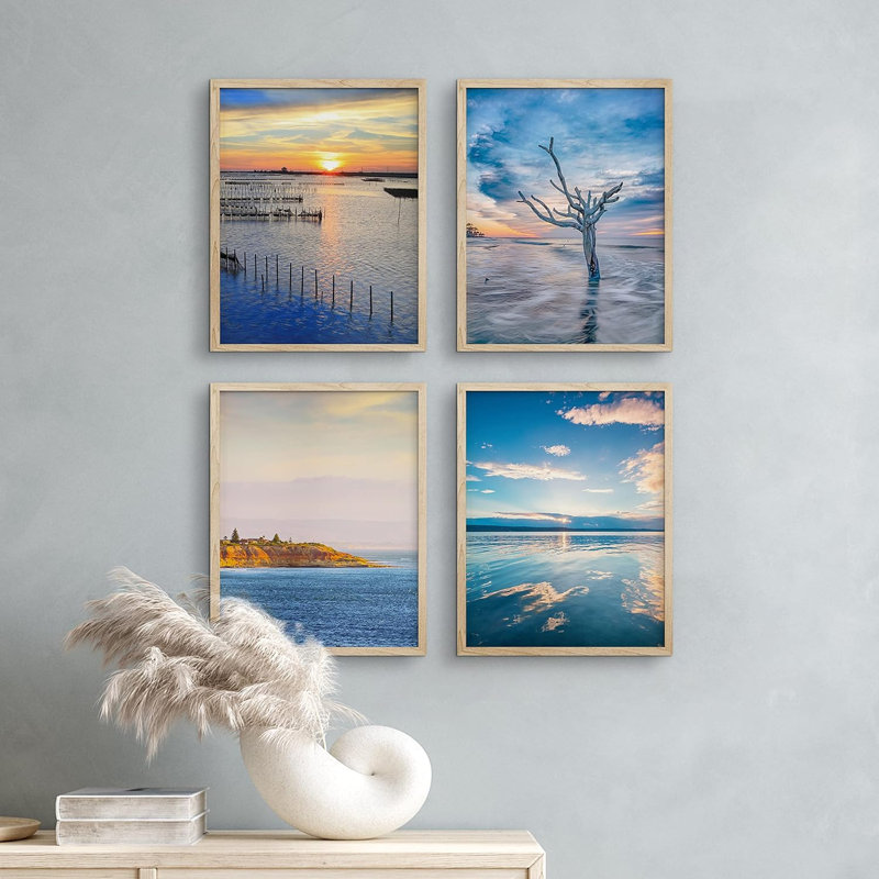 «Vibrant Ocean Cloud Sky Reflection Îles», ensemble de 4 décorations murales colorées, impression encadrée sur papier, 4 pièces
