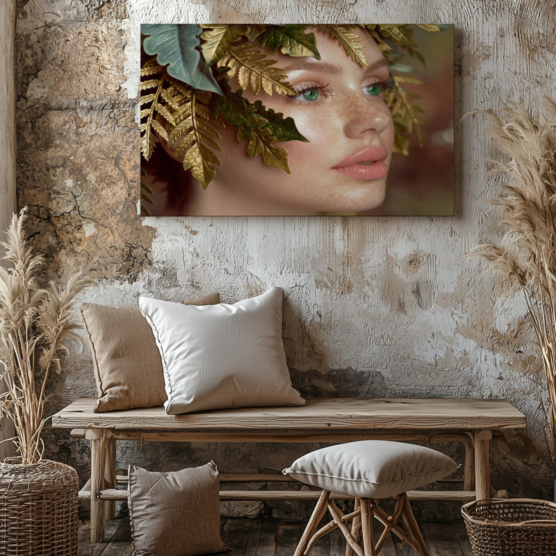 Gros plan, portrait de femme avec des yeux verts et des feuilles d'or, reproduction d'art sur toile pour le salon, la chambre à coucher, le bureau, le couloir, le vestibule, le mur de la galerie et la décoration intérieure moderne